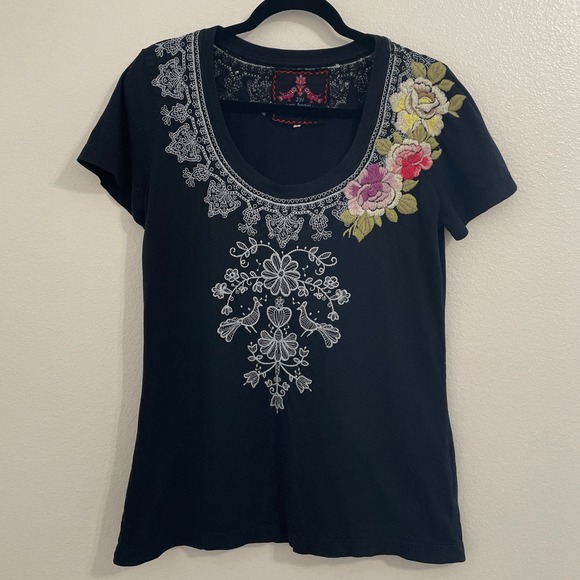 JOHNNY WAS Dark Navy Embroidered Top Size L - Picture 1 of 9